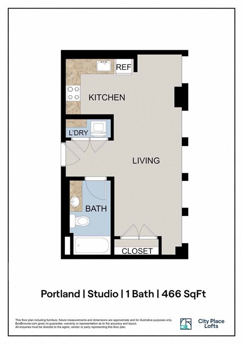 Floor plan for studio, 1 bath, 466 sqft